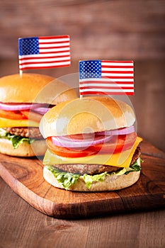 Table with burgers for USA 4th July Independence Day