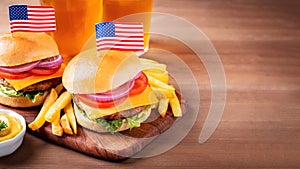 Table with burgers for USA 4th July Independence Day