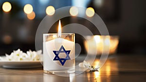 On a table, burning candle with the Star of David embody the concept of International Holocaust Remembrance Day. January 27 is