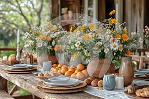 A Table Bursting with Spring Flowers and Eggs for a Joyous Celebration, Rustic Easter Delights