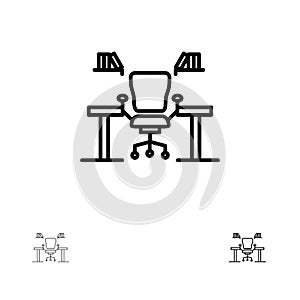 Table, Business, Chair, Computer, Desk, Office, Workplace Bold and thin black line icon set