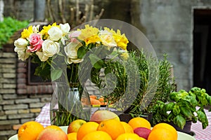 Table cafe beach sea flowers vase orange yellow red white rose purple chairs oranges rosemary old vintage apple