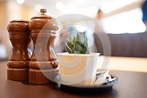 Table in a cafe or restaurant Wooden style salt and pepper spice jars on wooden table