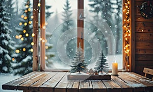 A table with a candle on it and two Christmas trees in front of the window.