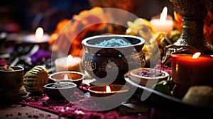 A table with candles and bowls of different colored powders, AI