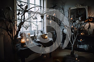 A table with candles and branches in front of a window. AI generative image.