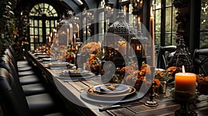 A table with candles and flowers in castle