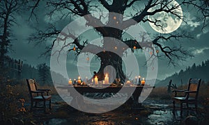 A table with candles and a meal is set up in front of a tree in a forest. The table is surrounded by chairs, and the sce