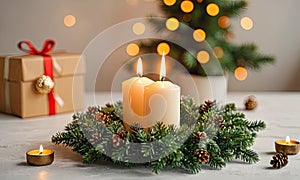 A table with candles and pine cones is set up for the holidays. Two candles are lit, and a wreath is placed in the cente