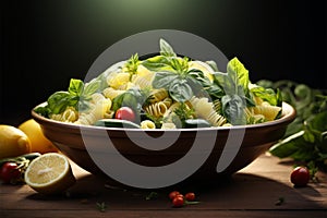 A table centerpiece a bowl filled with a medley of greens