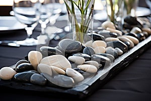 table centerpiece made of polished river stones