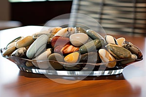 table centerpiece made of polished river stones