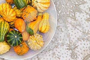 Table centerpiece with ornamental pumpkins