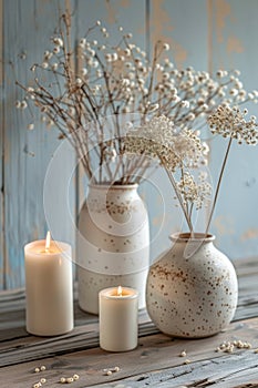 table centerpiece, a stylish wooden table embellished with vases of flowers and candles, enhancing the cozy ambiance of