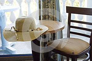 Table and chair in hotel room