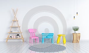 Table and chair in white child room for mockup, 3D rendering