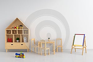 Table and chair in white child room for mockup, 3D rendering
