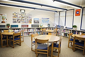 Table And Chairs Arranged In High School Library photo