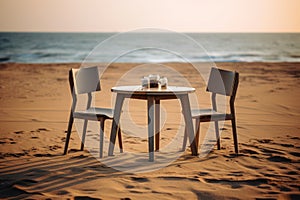 A table and chairs on the beach at sunset, created by Generative AI