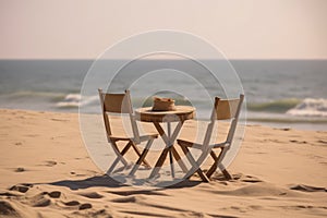 A table and chairs on the beach at sunset, created by Generative AI
