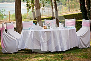 Table, chairs and decorations at a wedding