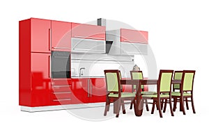 Table and Chairs in front of Modern Red Kitchen Furniture with K