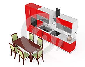 Table and Chairs in front of Modern Red Kitchen Furniture with K