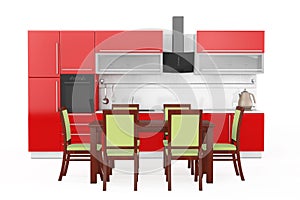 Table and Chairs in front of Modern Red Kitchen Furniture with K