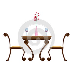 Table and chairs with glasses and vase with flower. Dining kitchen furniture.