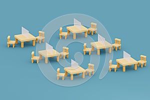 Table and chairs with a partition in study room at school, 3d illustration