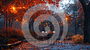 A table and chairs sitting under a tree in a park