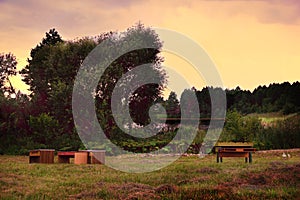 Table and chairs standing on a lawn at the garden and the lake in the background