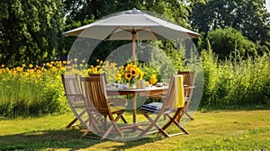 Table, chairs and umbrella outdoors in garden. Summer spring picnic concept