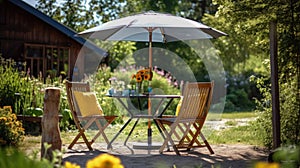 Table, chairs and umbrella outdoors in garden. Summer spring picnic concept