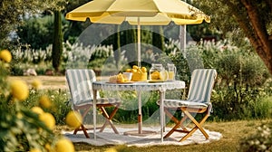 Table, chairs and umbrella outdoors in garden. Summer spring picnic concept
