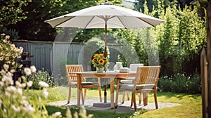 Table, chairs and umbrella outdoors in garden. Summer spring picnic concept