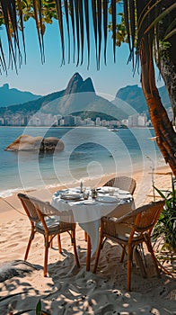 Table and chairs by the water on a beach with mountains in the background