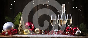 Table With Champagne Glasses and Christmas Decorations