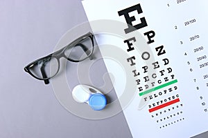 table for checking vision, glasses and lenses for correcting vision