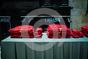 Red vestments ready for use by the priests in the Duomo di Milano.