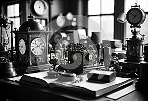 table with clock, clock and other objects