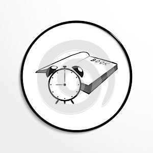 Table clock and an open book. Conditional symbol. Vector icon.