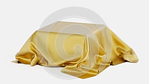 a table cloth with a gold color on it and a white background with a white backdrop for the table, 3D render, hyperrealism