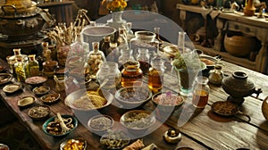 The table is cluttered with a mishmash of ingredients dried herbs animal bones and crystals all meticulously organized