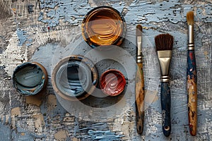 A table cluttered with various paint colors and paintbrushes