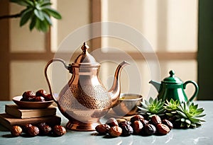 a table with a coffeepot and a bowl of kurmas on the table setting