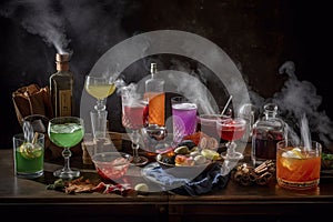 table of colorful cocktails with smoking and spiced twists, for a unique and sophisticated taste