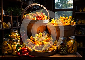 A Table of Colorful Harvest: Baskets Overflowing With Vibrant Yellow Peppers