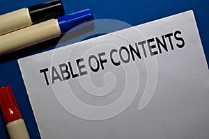 Table of Contents write on document isolated blue background