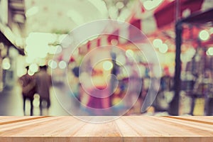 Table, counter at store, background for product display template, Empty wood desk, shelf, counter over blur retail shop